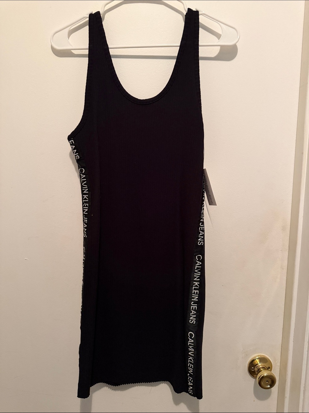 Calvin Klein Jeans Black Ribbed Tank Mini Dress with Side Logo Tape